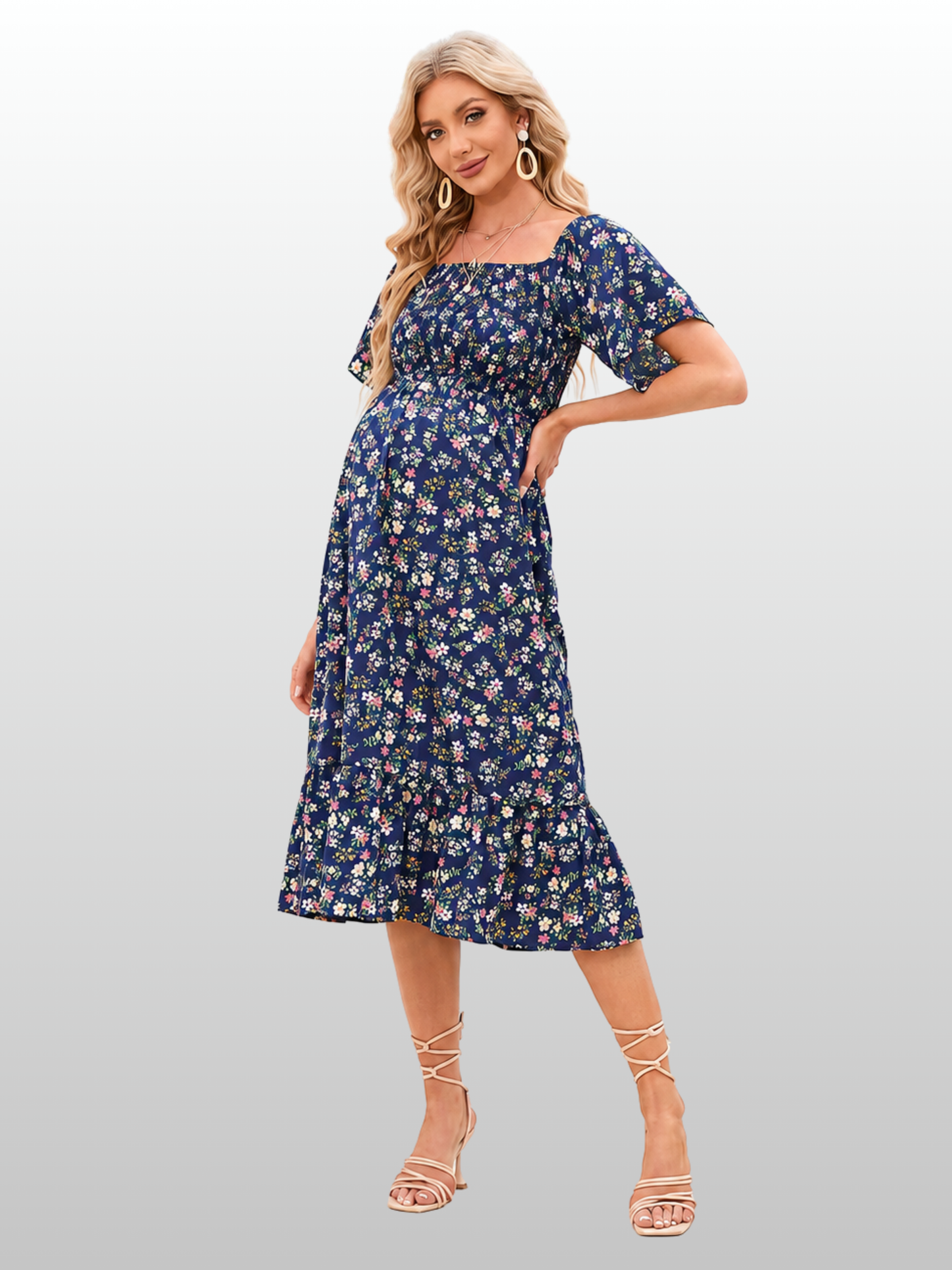 Umstandskleid Midi, Blumenmuster, eckiger Ausschnitt, gesmokt