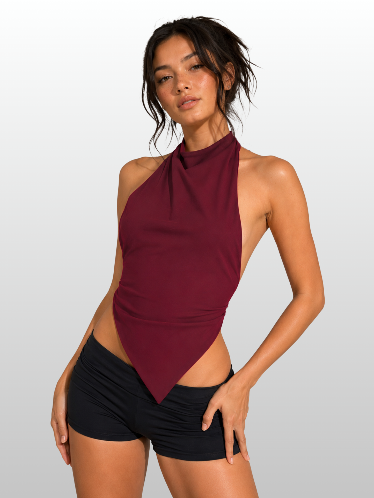 Halter Top rückenfrei mit Zipfelsaum, hoher Ausschnitt, elegant