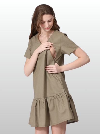 Stillkleid, Kurz, Vertikaler Reißverschluss, Volant-Saum, Sommer, Baumwolle-Leinen, Schwangerschaft Stillzeit