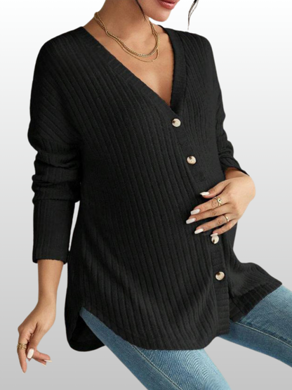 Umstandsmode, Umstands Cardigan, Gerippter Strick, Stillfreundlich, Knopfleiste, V-Ausschnitt, Schwangerschaft Strickjacke Langarm, Oversized Fit