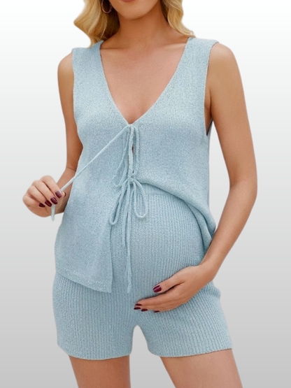 Umstandsset, Strick-Bouclé, Tie-Front, Ärmellos, Shorts, Stillfreundlich, Sommer, Postpartum