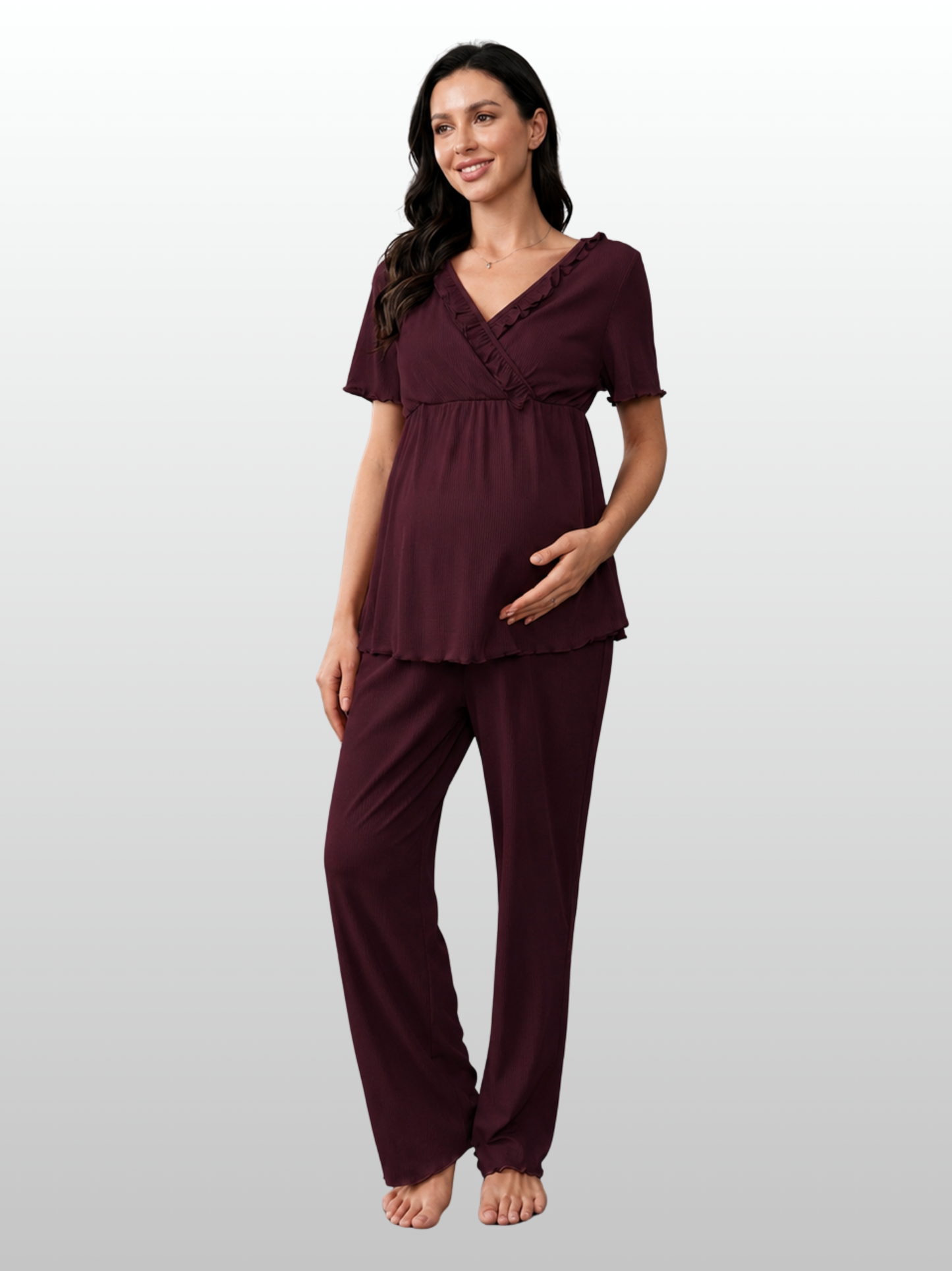 Still-Lounge-Set gerippt: Kurzarm-Top mit Stillzugang & Hose