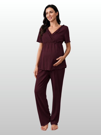 Still-Lounge-Set gerippt: Kurzarm-Top mit Stillzugang & Hose