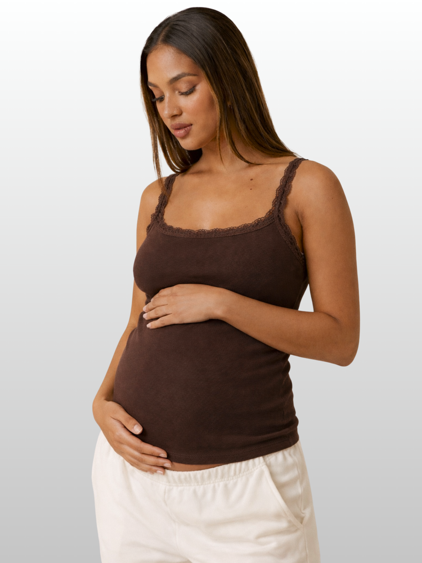 Ripp-Cami, Spitzenträger, Eckiger Ausschnitt, Longline, Baumwolle-Stretch, Umstands- & Stillfreundlich