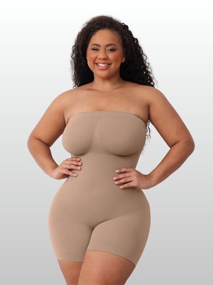Shaping Bodysuit, Trägerlos, Abnehmbare Träger, Silikon-Haftrand, Nahtlos, Offener Schritt