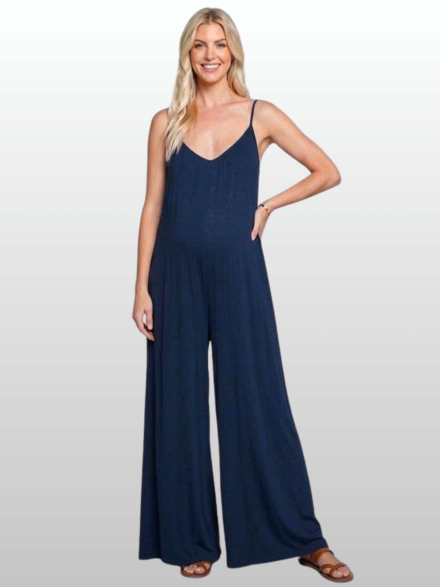 Umstands-Jumpsuit, Spaghettiträger, Tiefes V-Ausschnitt, Weites Bein, Fließend, Lounge, Sommer