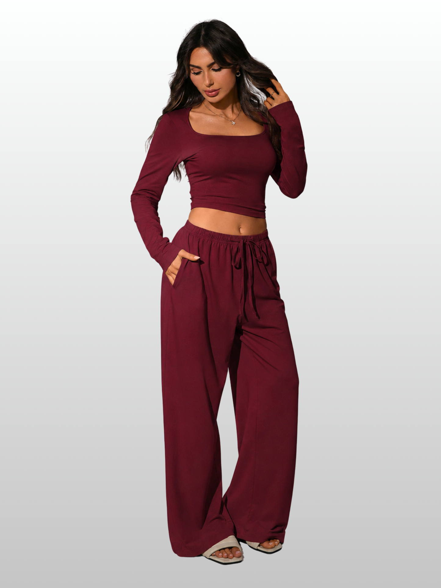 Lounge-Set Damen langarm, eckiger Ausschnitt, weite Hose
