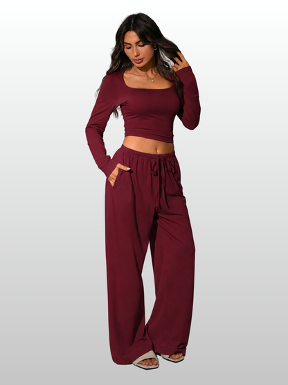 Lounge-Set Damen langarm, eckiger Ausschnitt, weite Hose