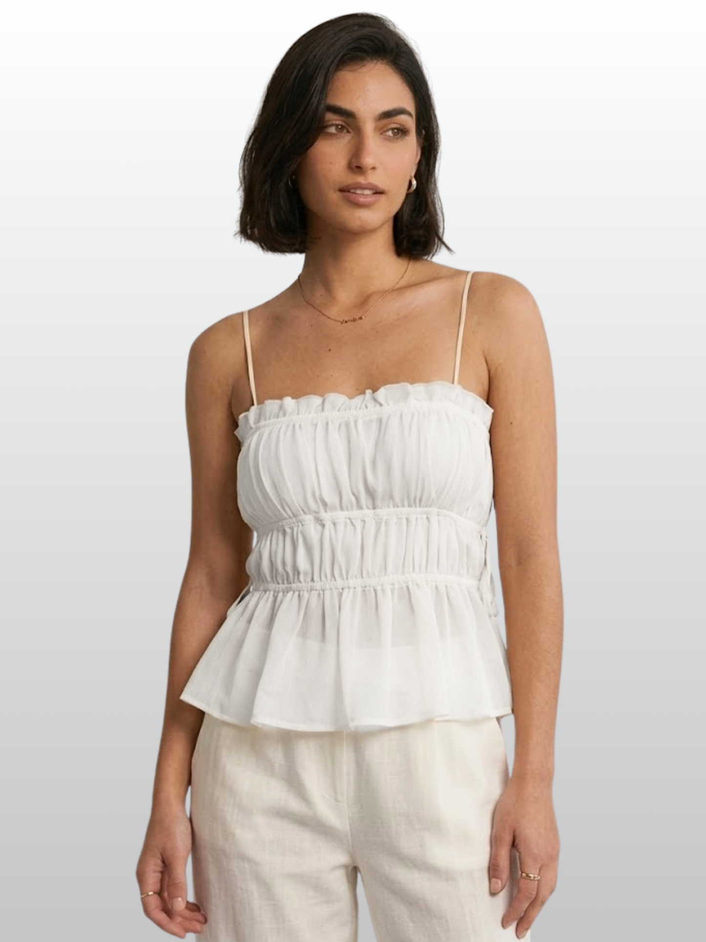 Cami Top, Rüschen-Peplum, Chiffon, Spaghettiträger, Empire-Taille, Leicht & Feminin