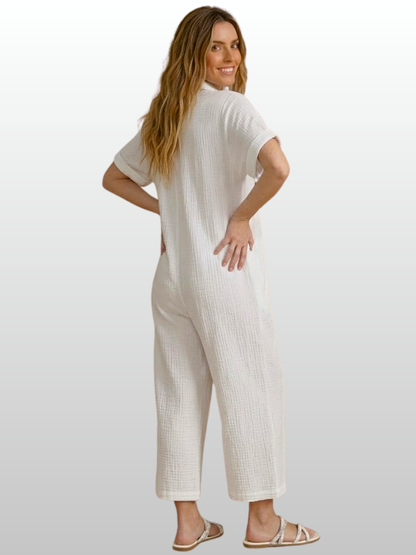 Umstands-Jumpsuit, Kurzarm, Knopfleiste, Gaze-Stoff, Atmungsaktiv, Lockere Passform, Sommer