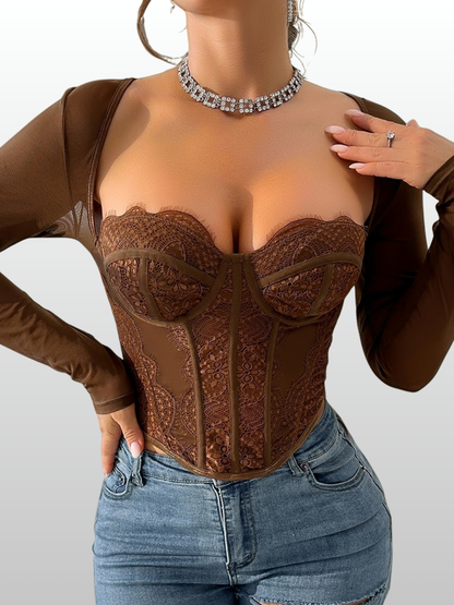 Corsagen-Top, Langarm, Transparente Mesh-Ärmel, Blumenspitze, Unterbrustbügel, Stäbchen, Figurformend, Abendmode