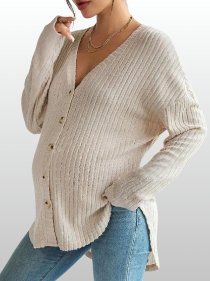 Umstandsmode, Umstands Cardigan, Gerippter Strick, Stillfreundlich, Knopfleiste, V-Ausschnitt, Schwangerschaft Strickjacke Langarm, Oversized Fit