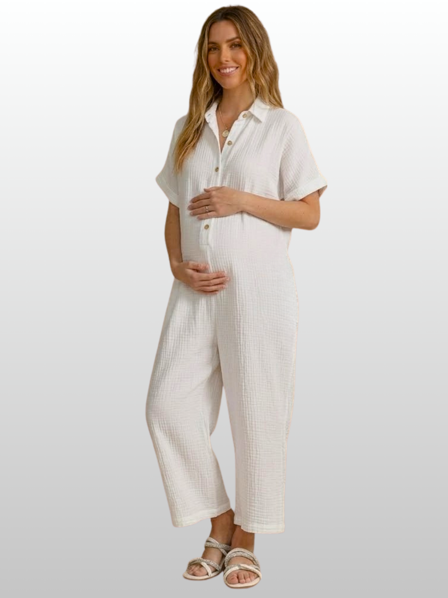 Umstands-Jumpsuit, Kurzarm, Knopfleiste, Gaze-Stoff, Atmungsaktiv, Lockere Passform, Sommer