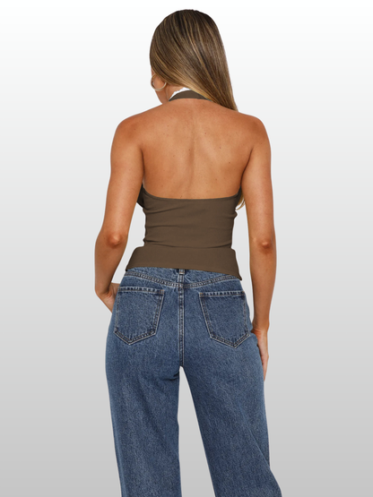 Haltertop, Spitzenbesatz, Bindeband Vorne, Tiefer V-Ausschnitt, Rückenfrei, Stillfreundlich, Y2K-Coquette