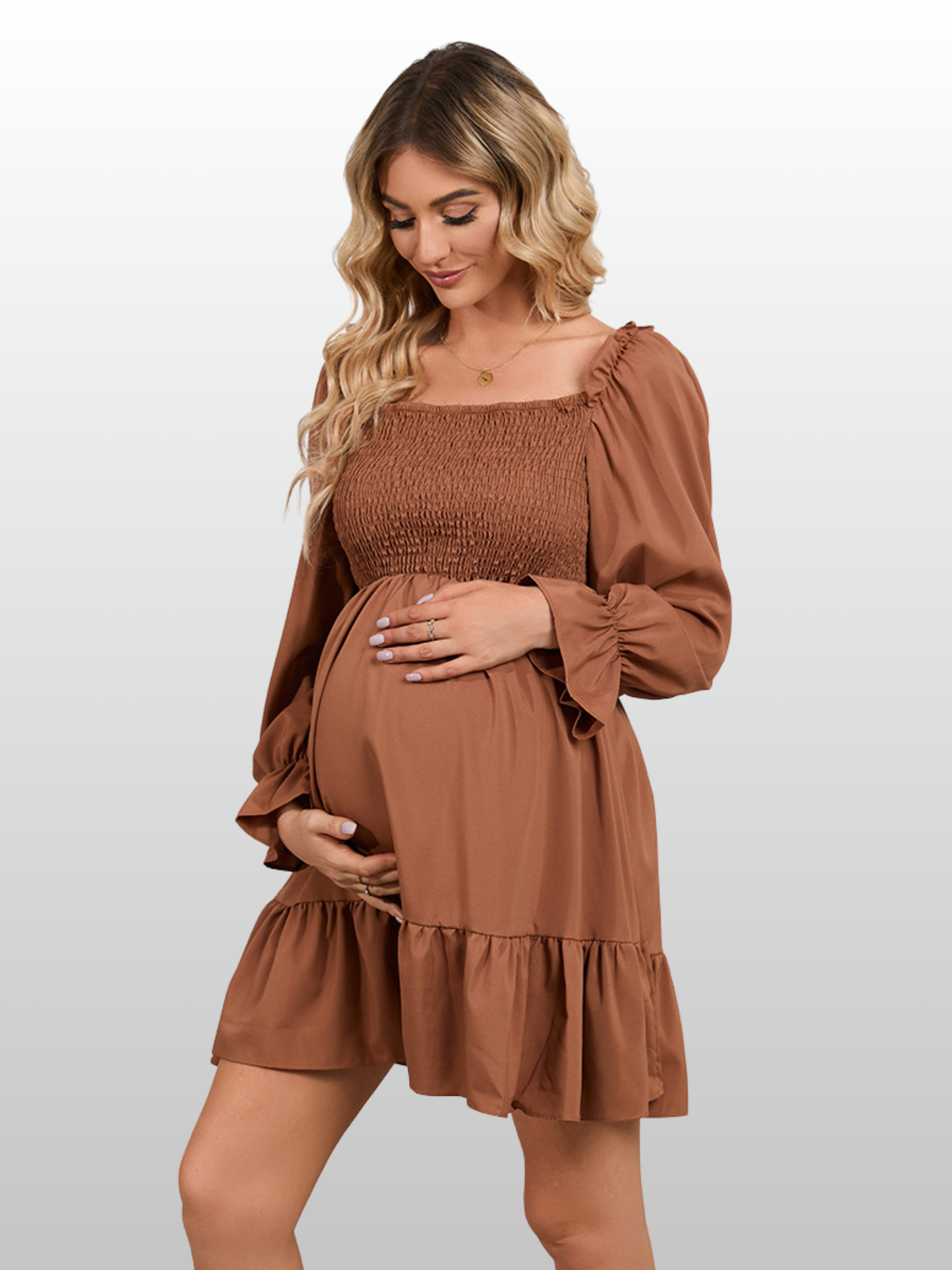 Umstandskleid Babydoll mit Puffärmeln & Volantsaum, Smok-Oberteil
