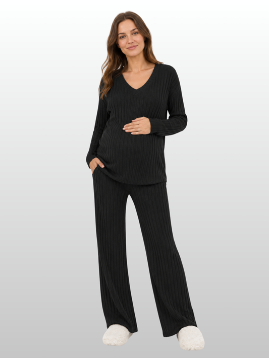 Umstandsmode, Rippjersey Co-Ord Set, Schwangerschaft Stillzeit, V-Ausschnitt Langarmtop, Weitbeinige Hose, Loungewear Zweiteiler, Alle Jahreszeiten