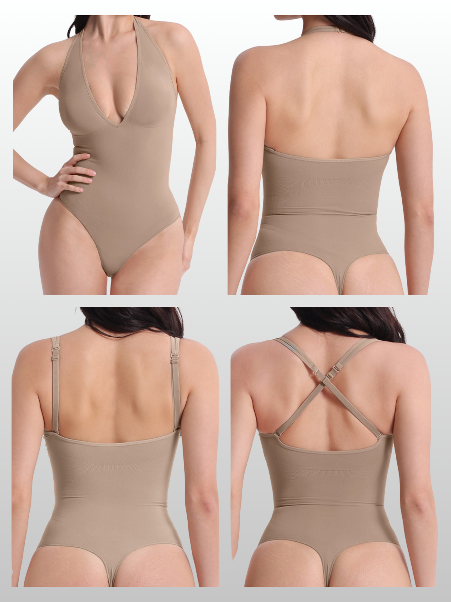 Shaping Bodysuit, Halter-Neck, Wandelbare Träger, Tiefer V-Ausschnitt, Stringschnitt, Taillenkompression, Nahtlos
