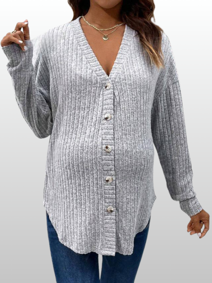Umstandsmode, Umstands Cardigan, Gerippter Strick, Stillfreundlich, Knopfleiste, V-Ausschnitt, Schwangerschaft Strickjacke Langarm, Oversized Fit