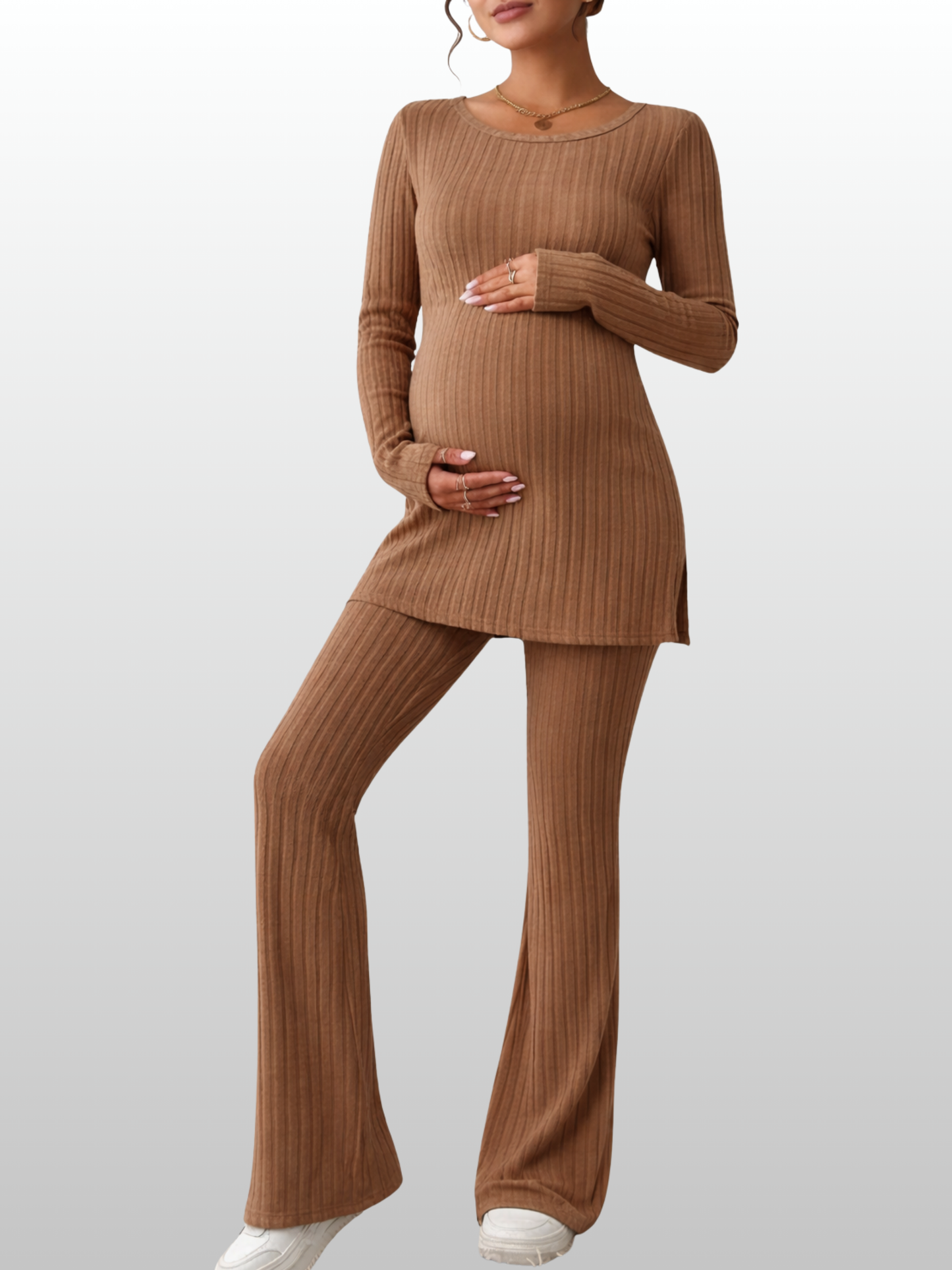 Umstandsmode, Outfit Schwangerschaft, Zweiteiler Gerippter Rippstrick, Tunika mit Schlaghose, Langarm, Rundhals, Babybauchfreundlich