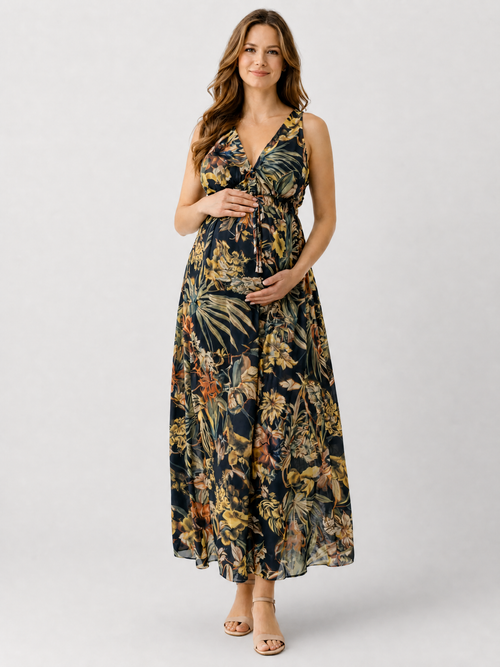 Umstandskleid Maxi Boho mit Blumenmuster, für Babyparty & Fotoshooting