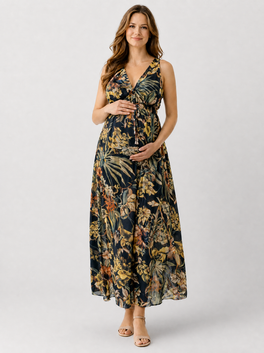 Umstandskleid Maxi Boho mit Blumenmuster, für Babyparty & Fotoshooting