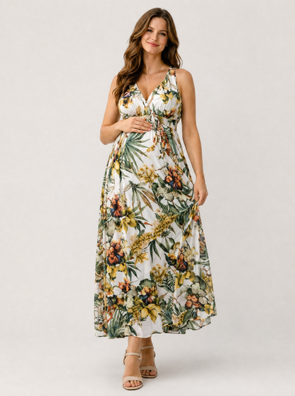 Umstandskleid Maxi Boho mit Blumenmuster, für Babyparty & Fotoshooting