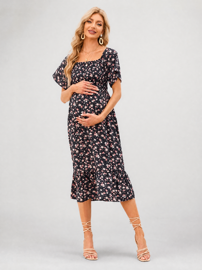 Midikleid für die Schwangerschaft mit Blumenmuster und Smok-Oberteil
