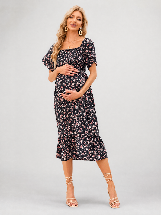 Midikleid für die Schwangerschaft mit Blumenmuster und Smok-Oberteil