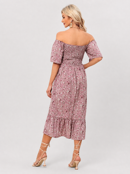 Midikleid für die Schwangerschaft mit Blumenmuster und Smok-Oberteil