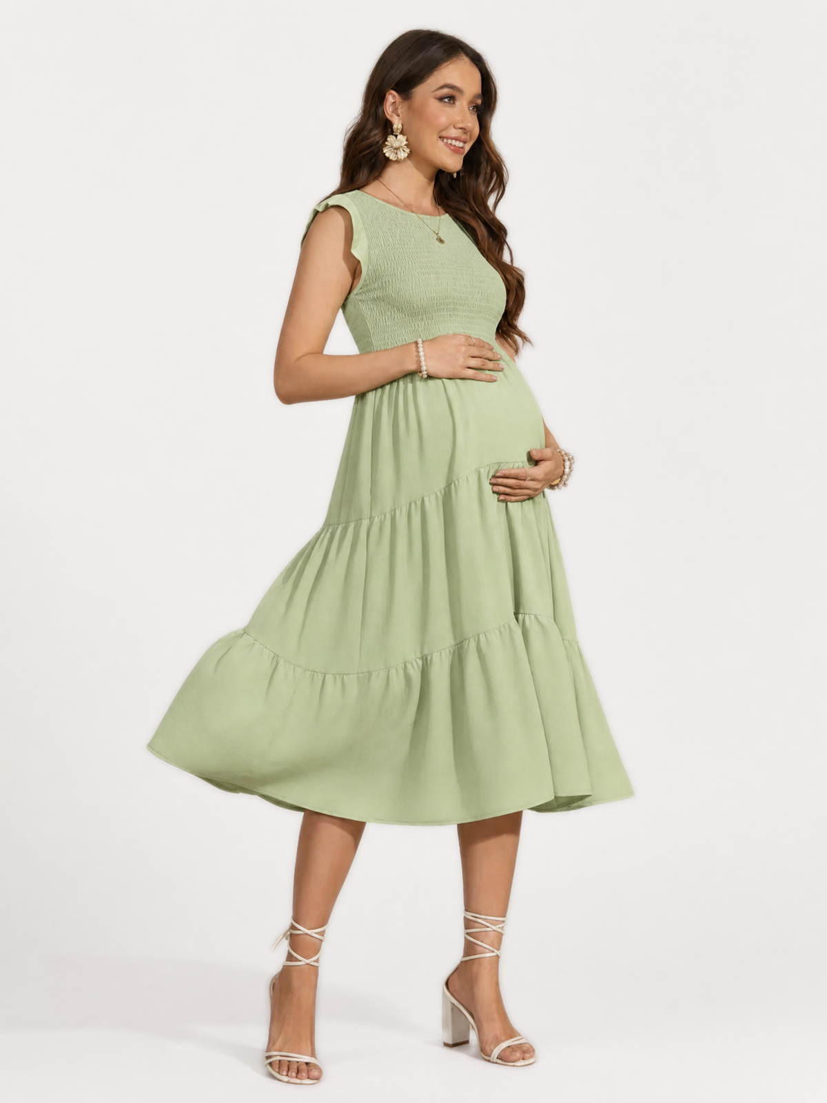 Midikleid für die Schwangerschaft mit Rüschenärmeln und Smok